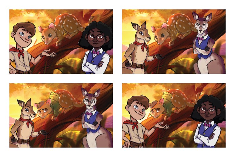 Illustrations from different versions of the picture book "The Lost Little Quoll"