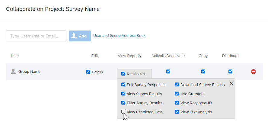 screenshot of Qualtrics group page showing option of "view restricted data" not selected