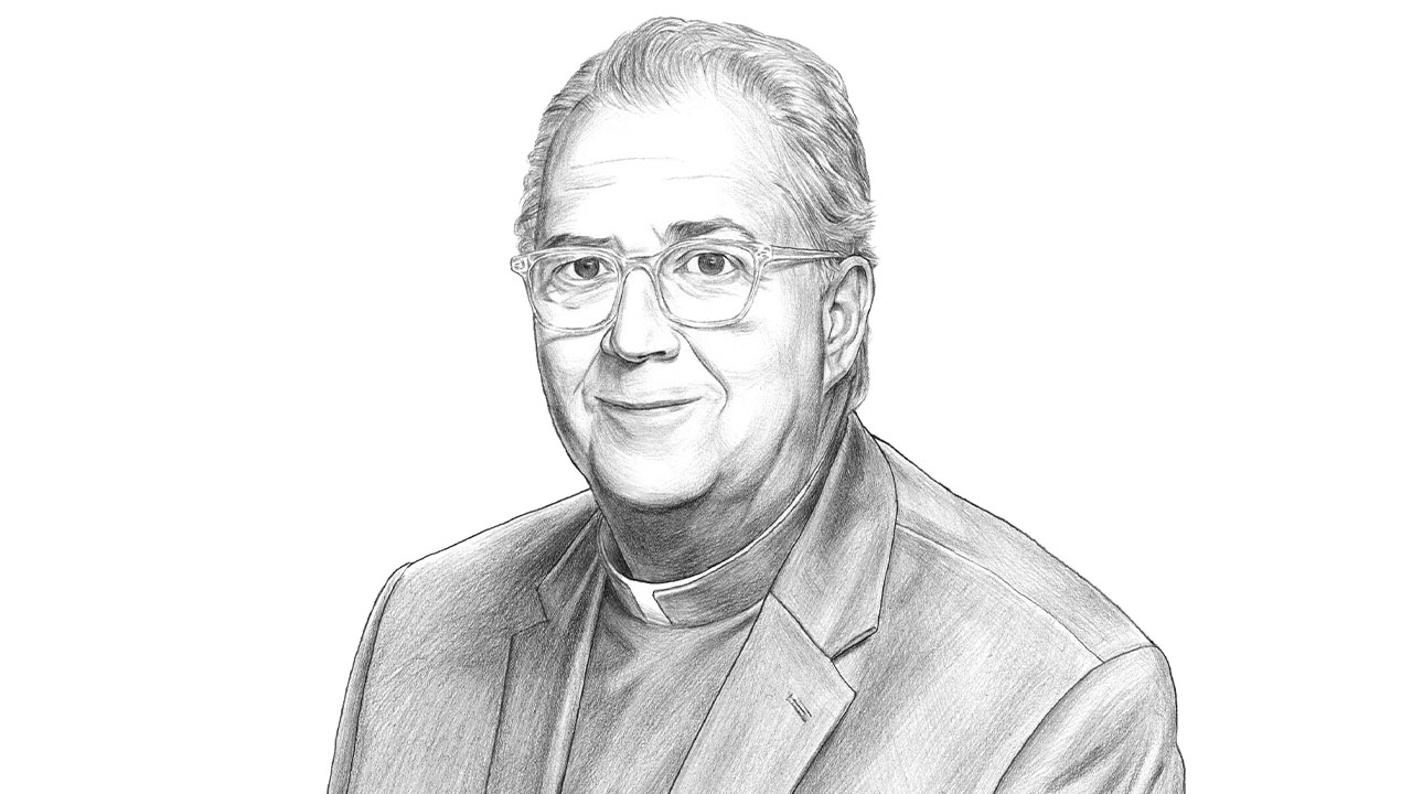 black and white sketch of University President the Rev. Peter M. Donohue