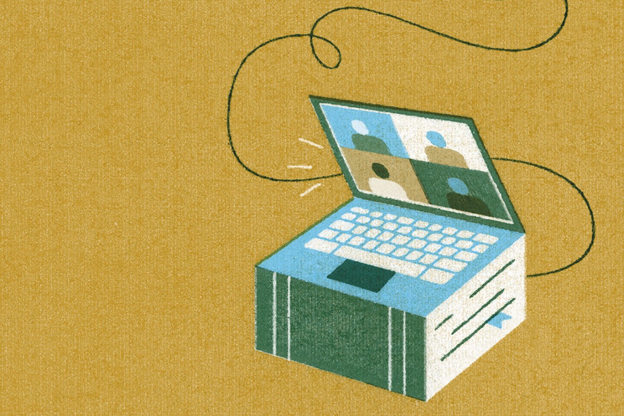 illustration of a stack of books connected to a laptop