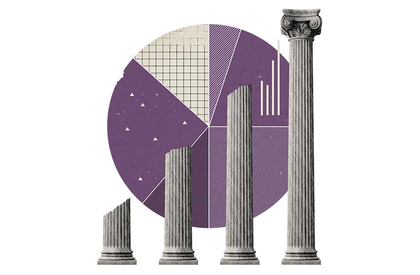 The bottom of four ascending columns, representing law, with the first three missing their tops and the fourth having a top. A pie chart representing business is visible in the background.