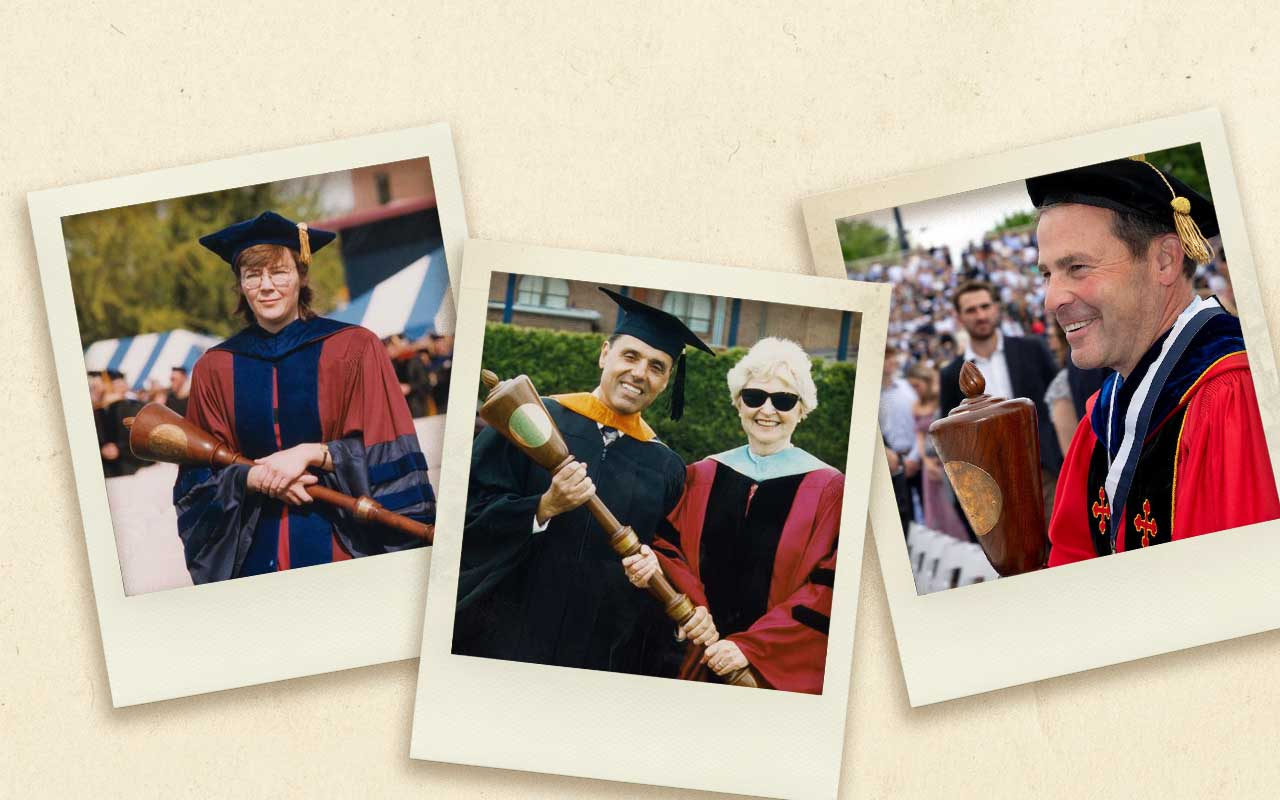 Three Polaroid-style photos show moments from Villanova Commencement featuring the ceremonial mace: a female faculty member carrying the mace; a male and female faculty member holding the mace together; and Provost Patrick Maggitti holding the mace.
